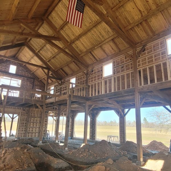 Timber-frame structure during electrical rough-in