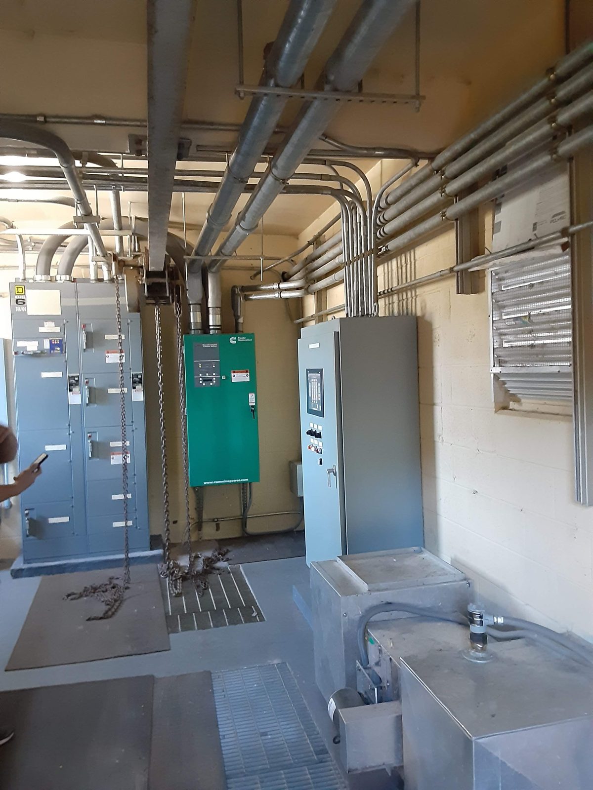 Cummins automatic transfer switch and distribution in a mechanical room, installed by Ritch Electric